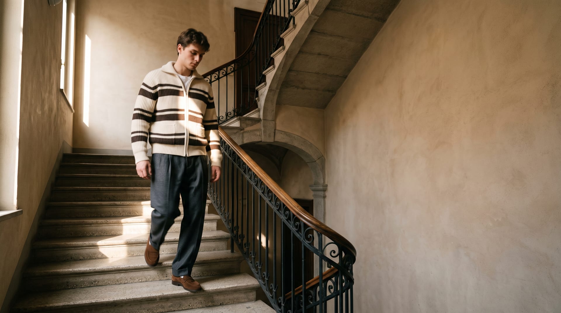 Un ragazzo scende le scale di un palazzo con una maglia a zip a righe, nella luce del mattino